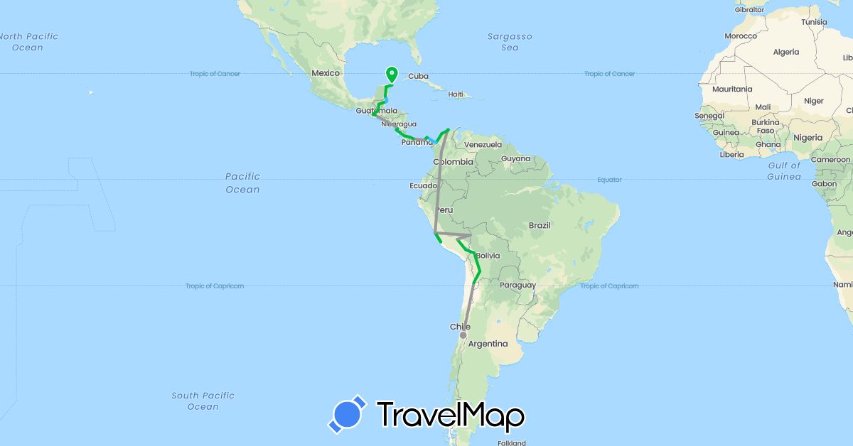 TravelMap itinerary: driving, bus, plane, boat in Bolivia, Belize, Chile, Colombia, Costa Rica, Guatemala, Mexico, Nicaragua, Panama, Peru, El Salvador (North America, South America)